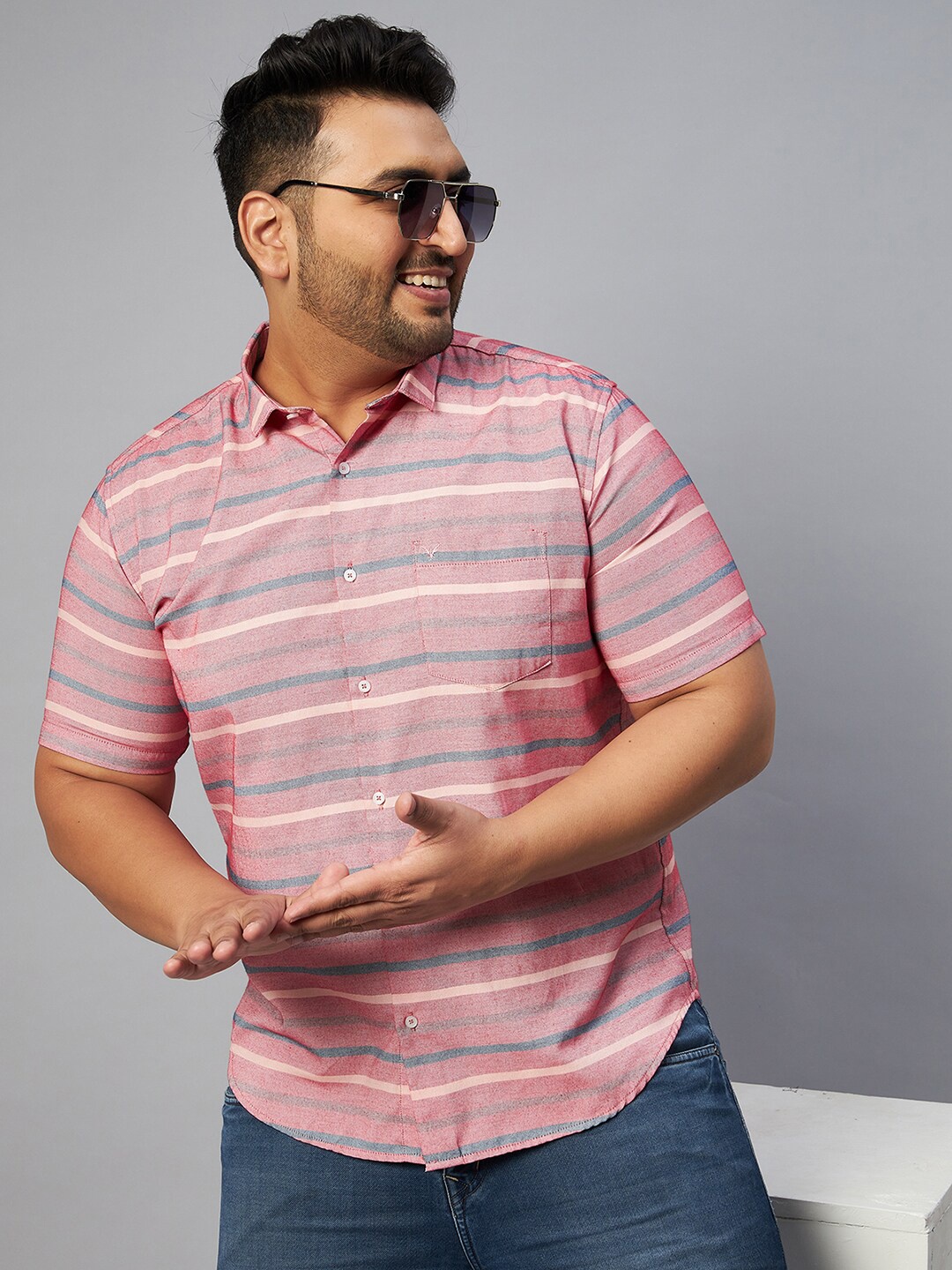 

SHOWOFF Plus Men Plus Size Classic Horizontal Stripes Striped Casual Shirt, Pink