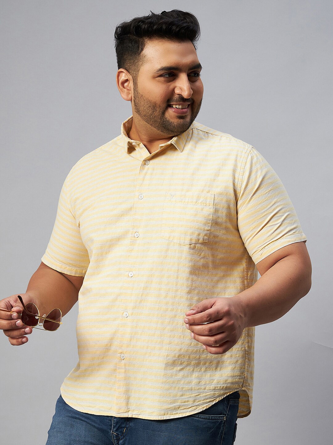 

SHOWOFF Plus Men Plus Size Classic Horizontal Stripes Striped Casual Shirt, Yellow