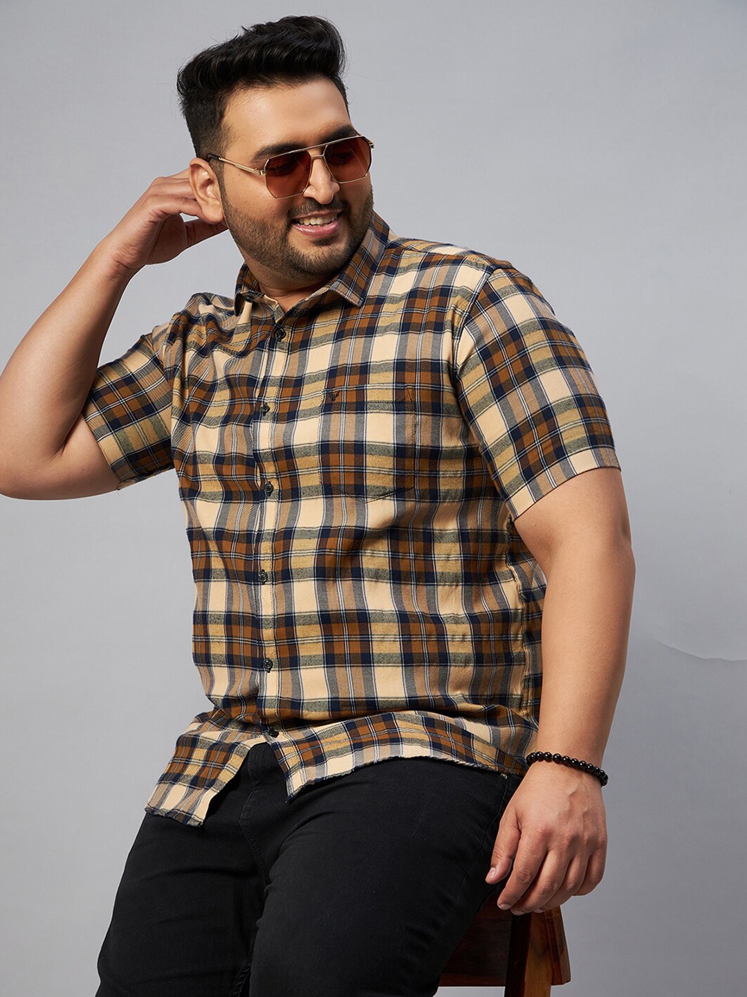 

SHOWOFF Plus Men Plus Size Comfort Tartan Checked Casual Shirt, Beige