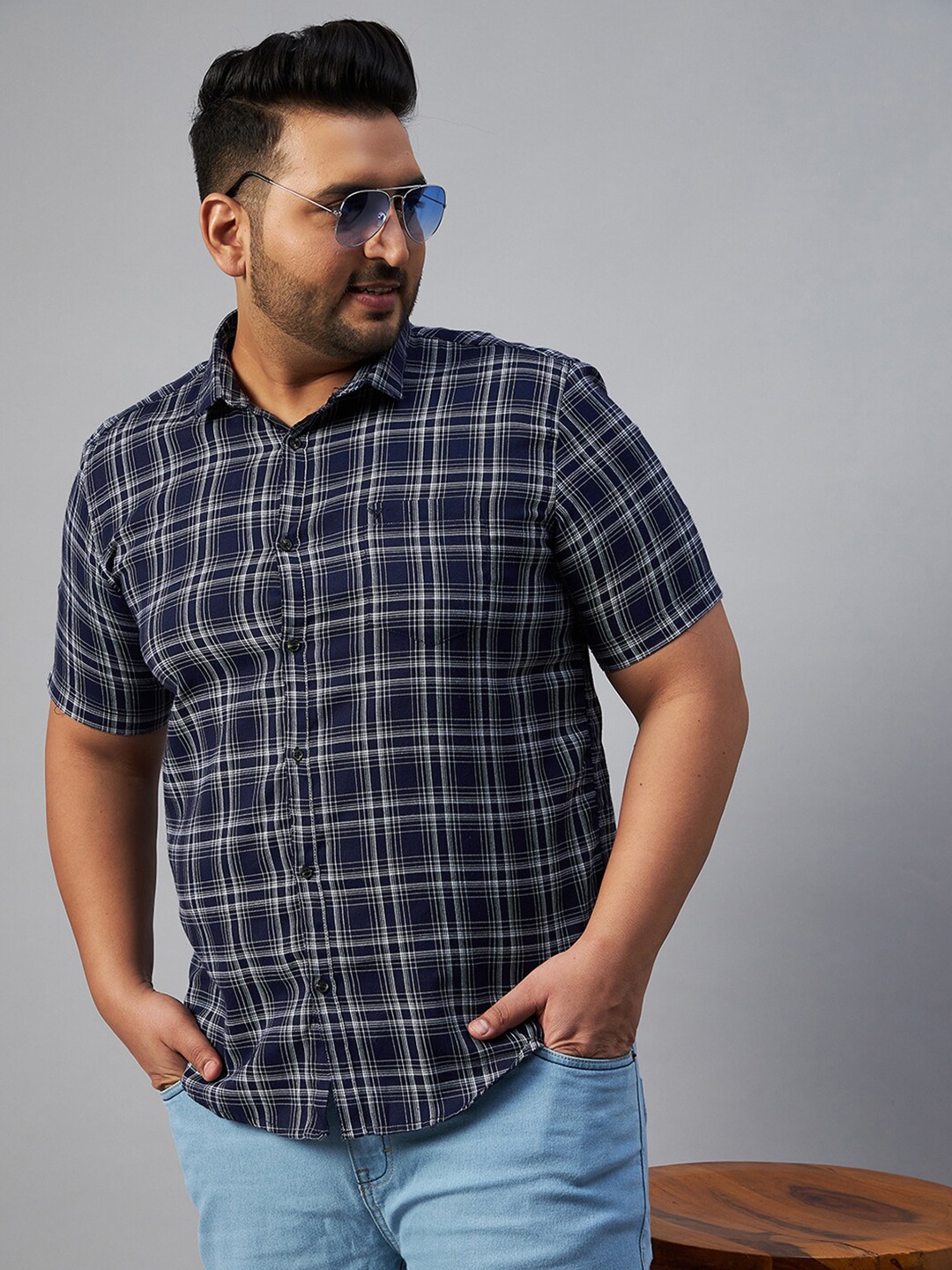 

SHOWOFF Plus Men Navy Plus Size Comfort Tartan Checked Casual Shirt, Navy blue