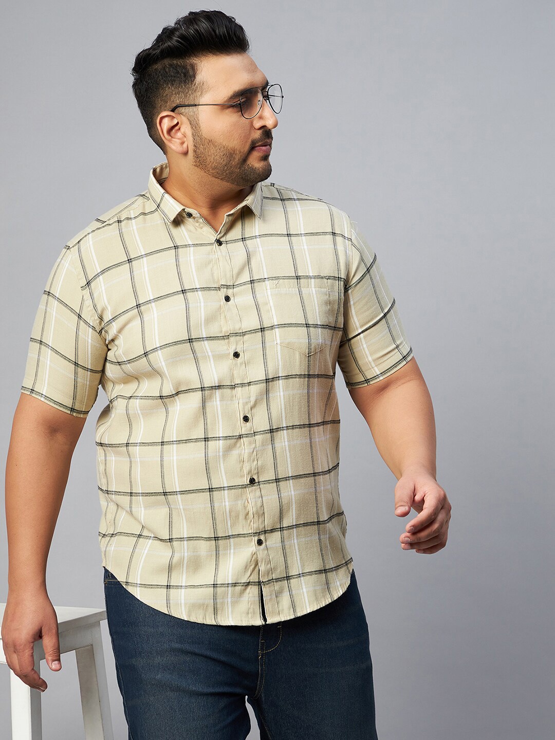 

SHOWOFF Plus Size Men Comfort Tartan Checks Casual Shirt, Beige