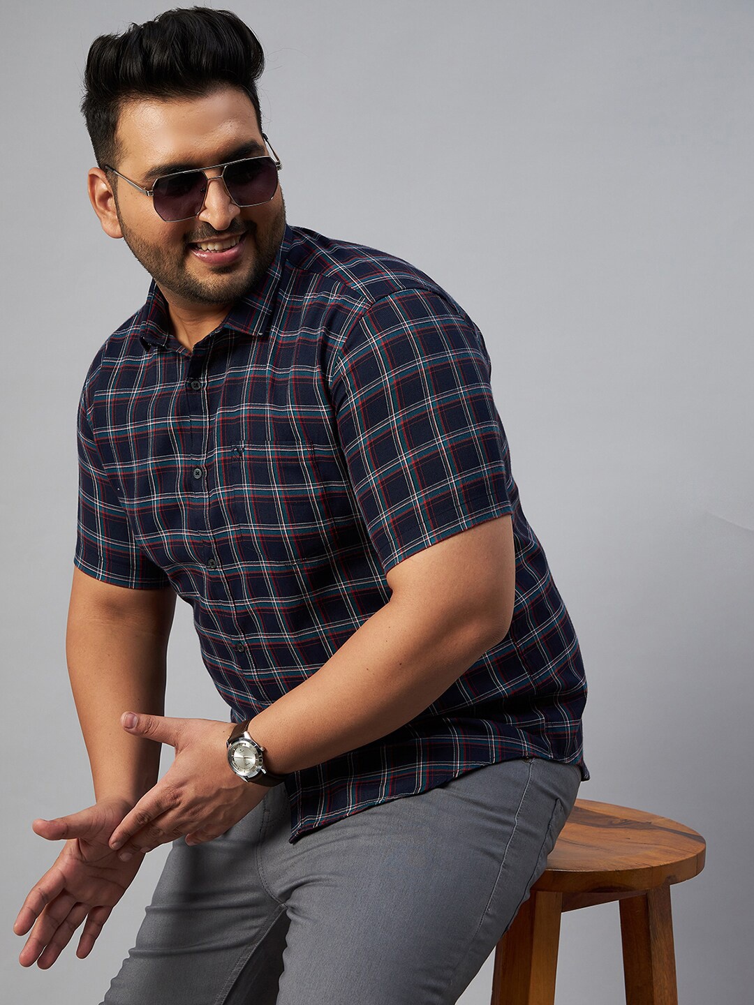 

SHOWOFF Men Plus Size Comfort Tartan Checks Casual Shirt, Navy blue