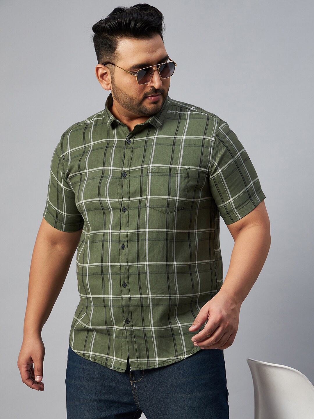 

SHOWOFF Plus Size Men Comfort Tartan Checks Casual Shirt, Olive