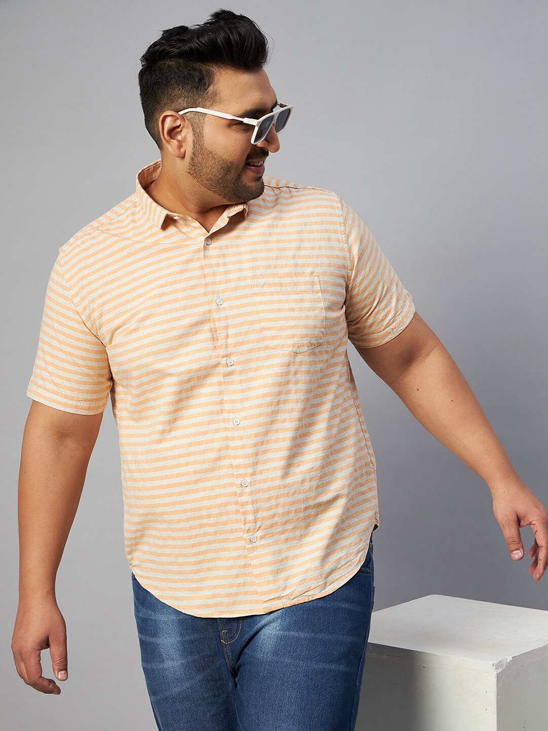 

SHOWOFF Plus Size Men Classic Horizontal Stripes Casual Shirt, Orange