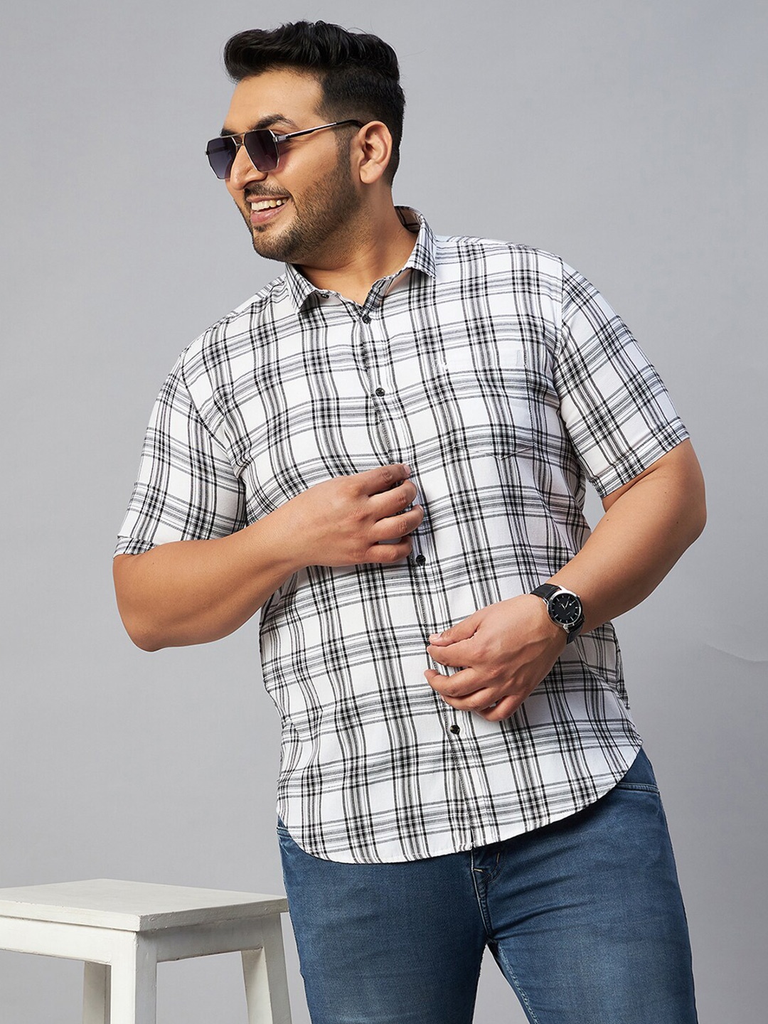 

SHOWOFF Plus Size Men Comfort Tartan Checks Checked Casual Shirt, White