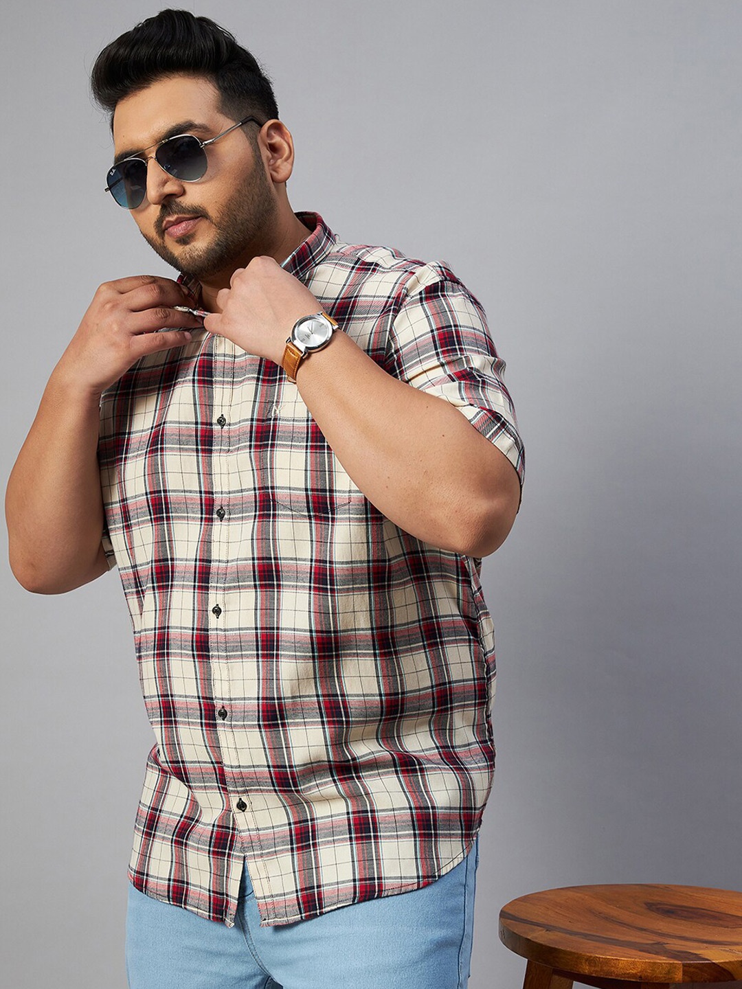 

SHOWOFF Plus Men Plus Size Comfort Tartan Checks Cotton Casual Shirt, Cream