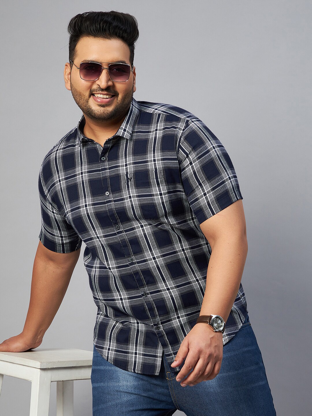 

SHOWOFF Plus Men Plus Size Comfort Tartan Checks Cotton Casual Shirt, Navy blue
