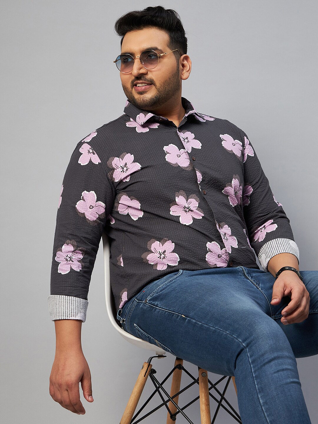 

SHOWOFF Plus Men Plus Size Comfort Floral Printed Cotton Casual Shirt, Grey