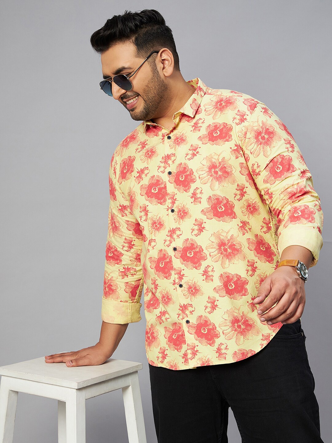 

SHOWOFF Plus Men Plus Size Comfort Floral Printed Cotton Casual Shirt, Yellow