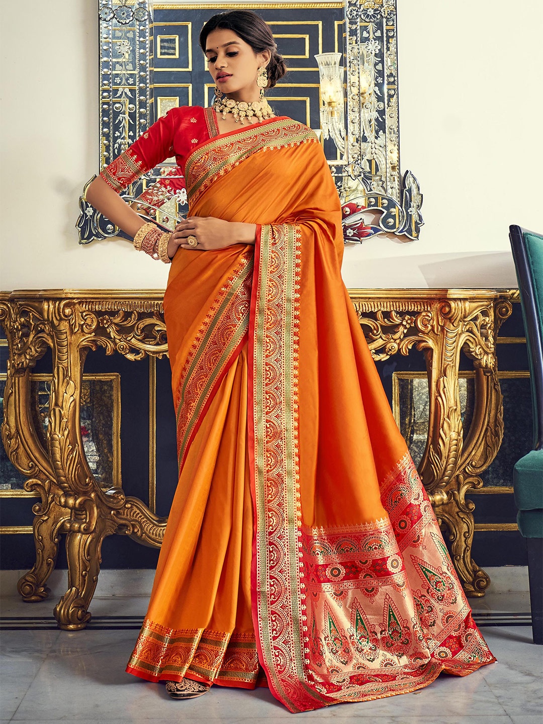 

elora Orange & Red Woven Design Zari Paithani Saree