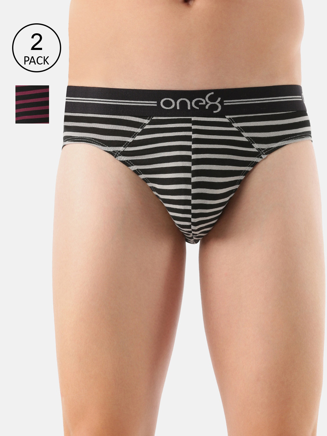

one8 by Virat Kohli Men Pack Of 2 Striped Pure Cotton Basic Briefs, Grey