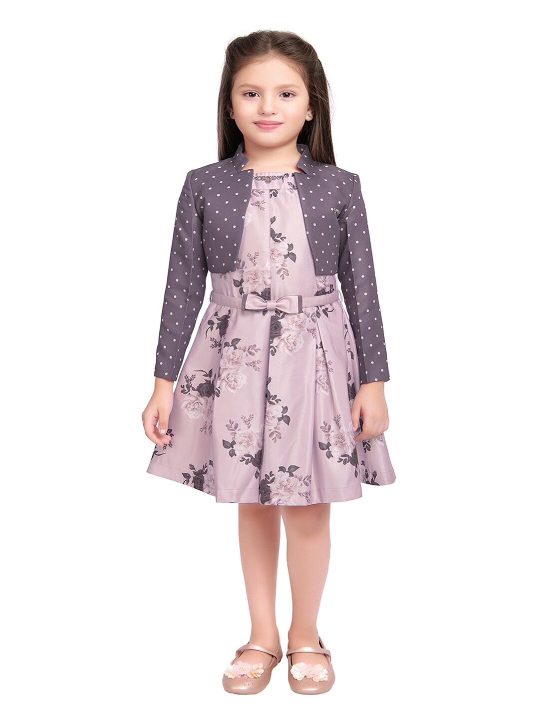 

Tiny Baby Girls Floral Printed Satin Dress With Crop Coat, Mauve