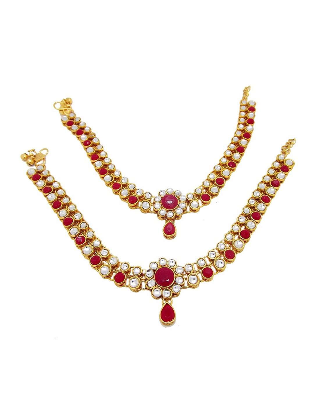 

FEMMIBELLA Gold Plated Kundan Studded Anklets, Red