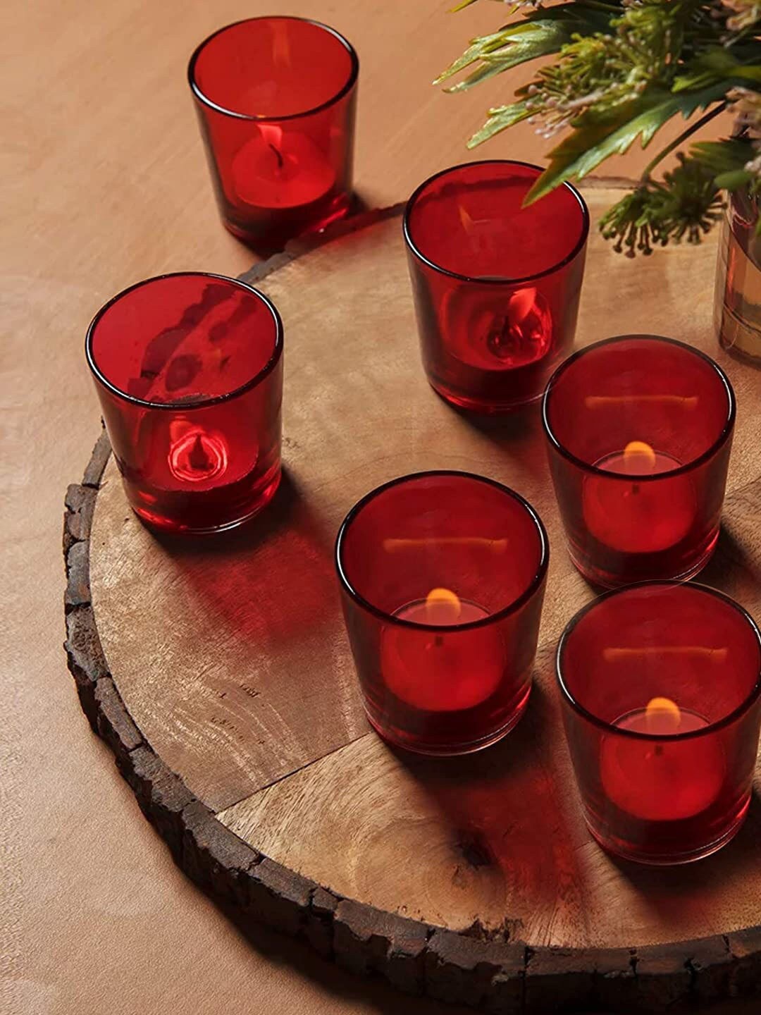 

TIED RIBBONS Set of 6 Glass Votive Tea Light Candle Holders, Red