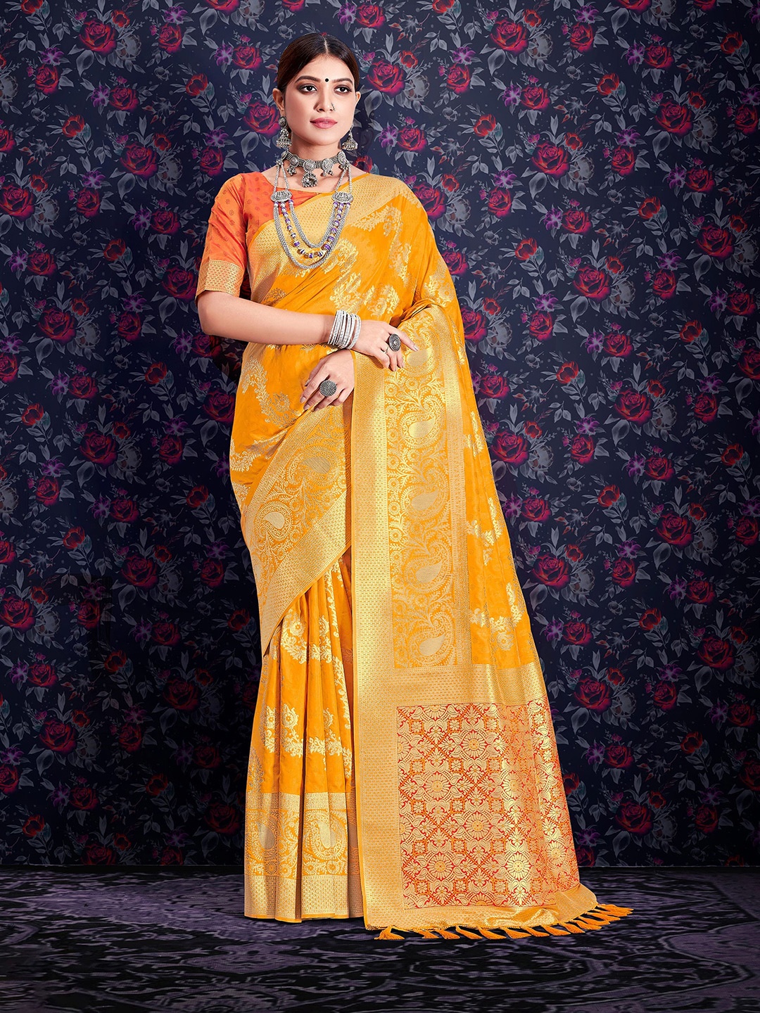 

elora Floral Zari Silk Blend Saree, Yellow