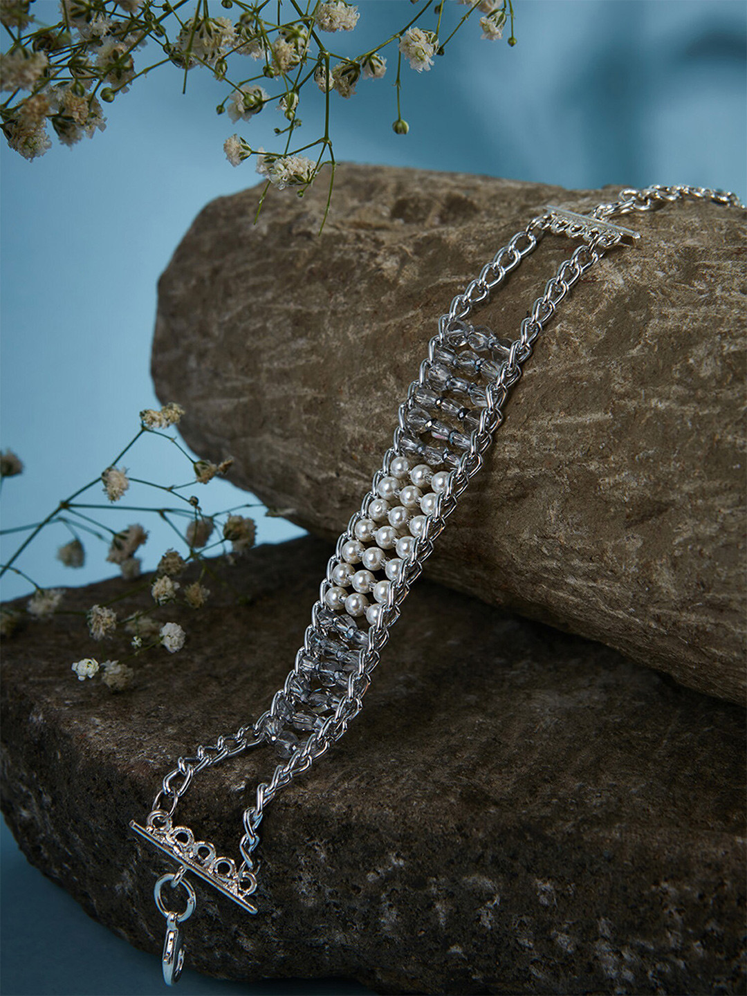 

D'oro Women Pearls Silver-Plated Wrap around Bracelet, Grey