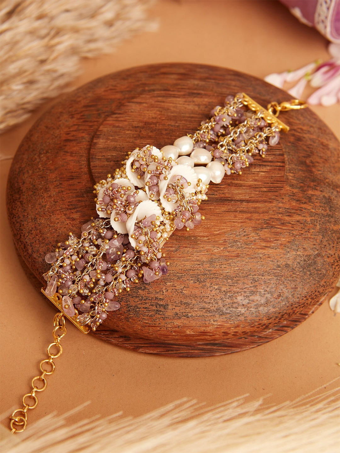 

D'oro Women Shell Agate Gold-Plated Wraparound Bracelet, Lavender