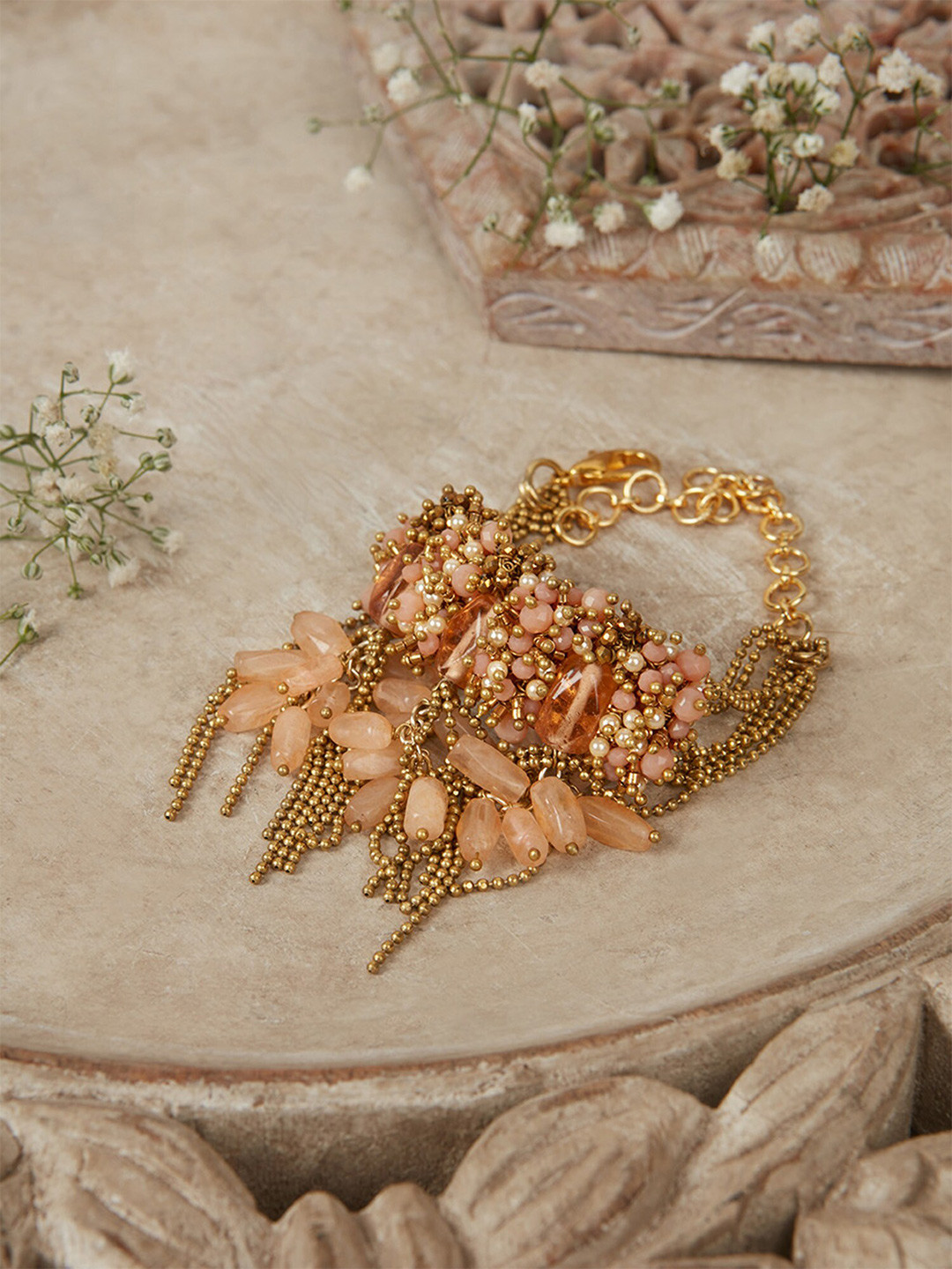 

D'oro Women Gold-Plated Wrap around [earl and Stone Bracelet, Peach