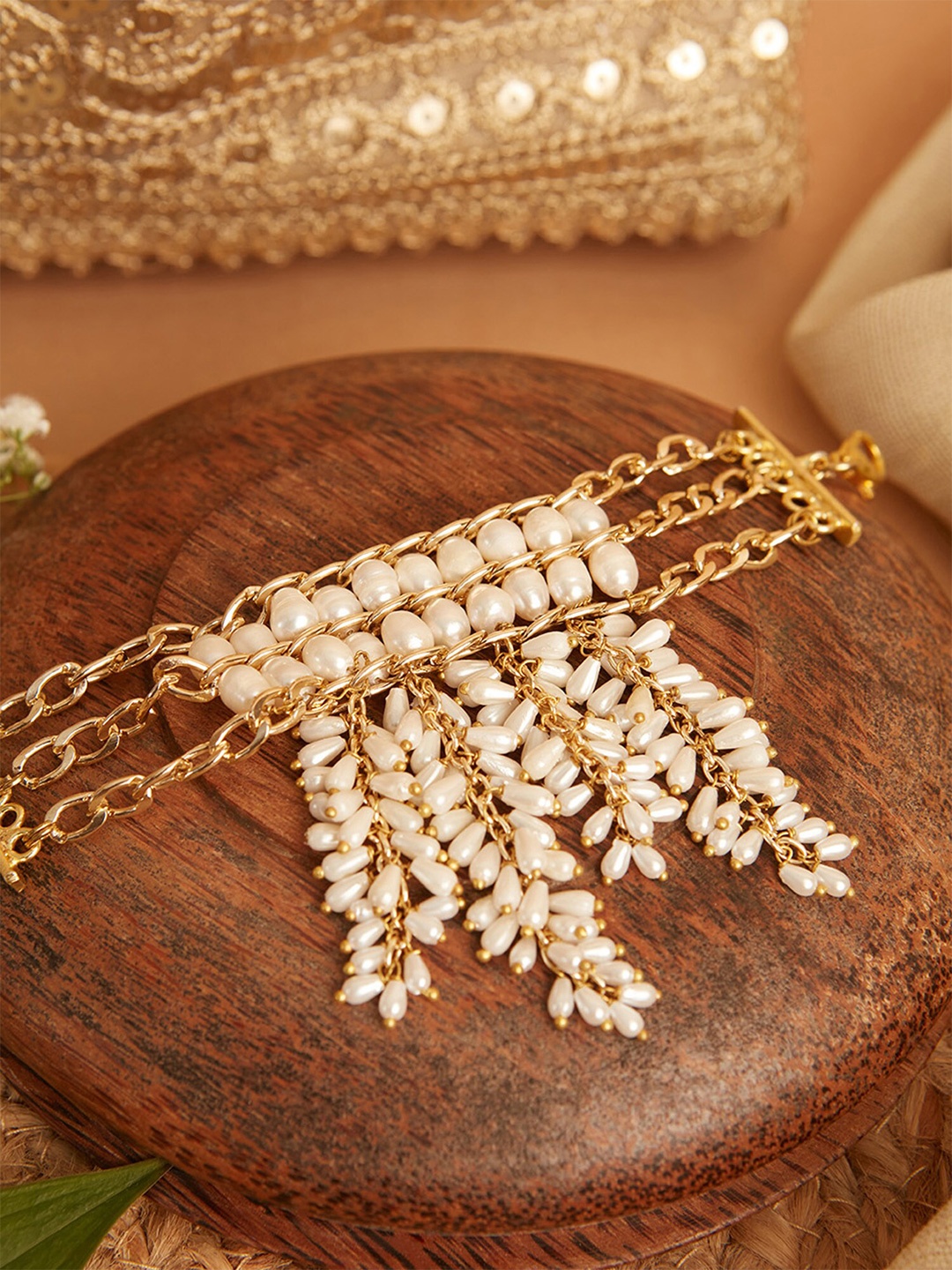 

D'oro Women Pearls Gold-Plated Wrap around Bracelet, White