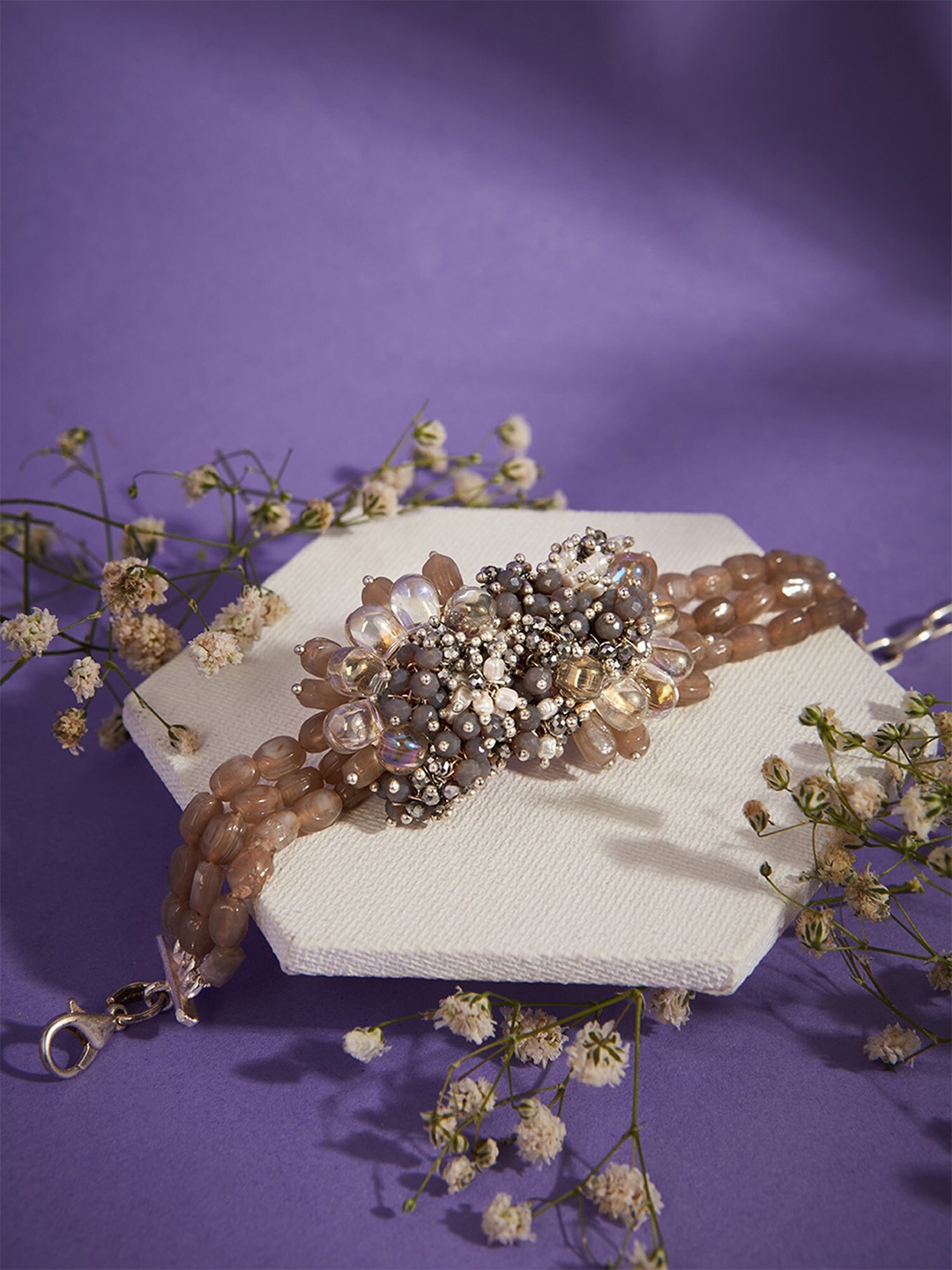 

D'oro Women Gold-Plated Wrap around Bracelet With Stones and Pearls, Grey