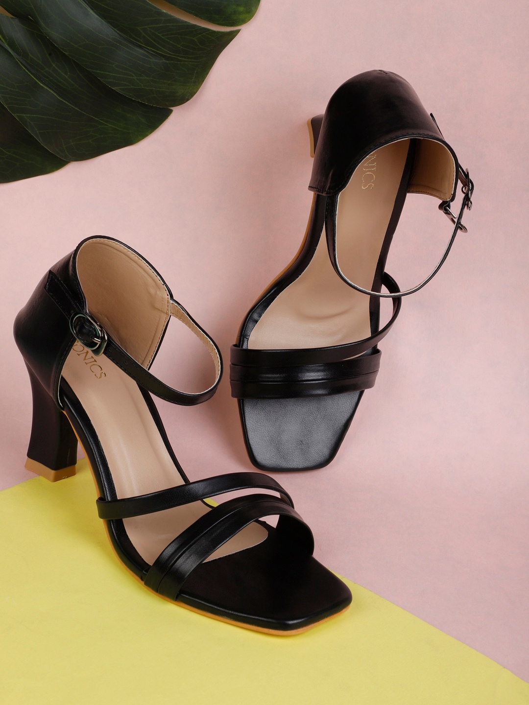 

ICONICS Women Black Sandals With Block Heels & Buckles