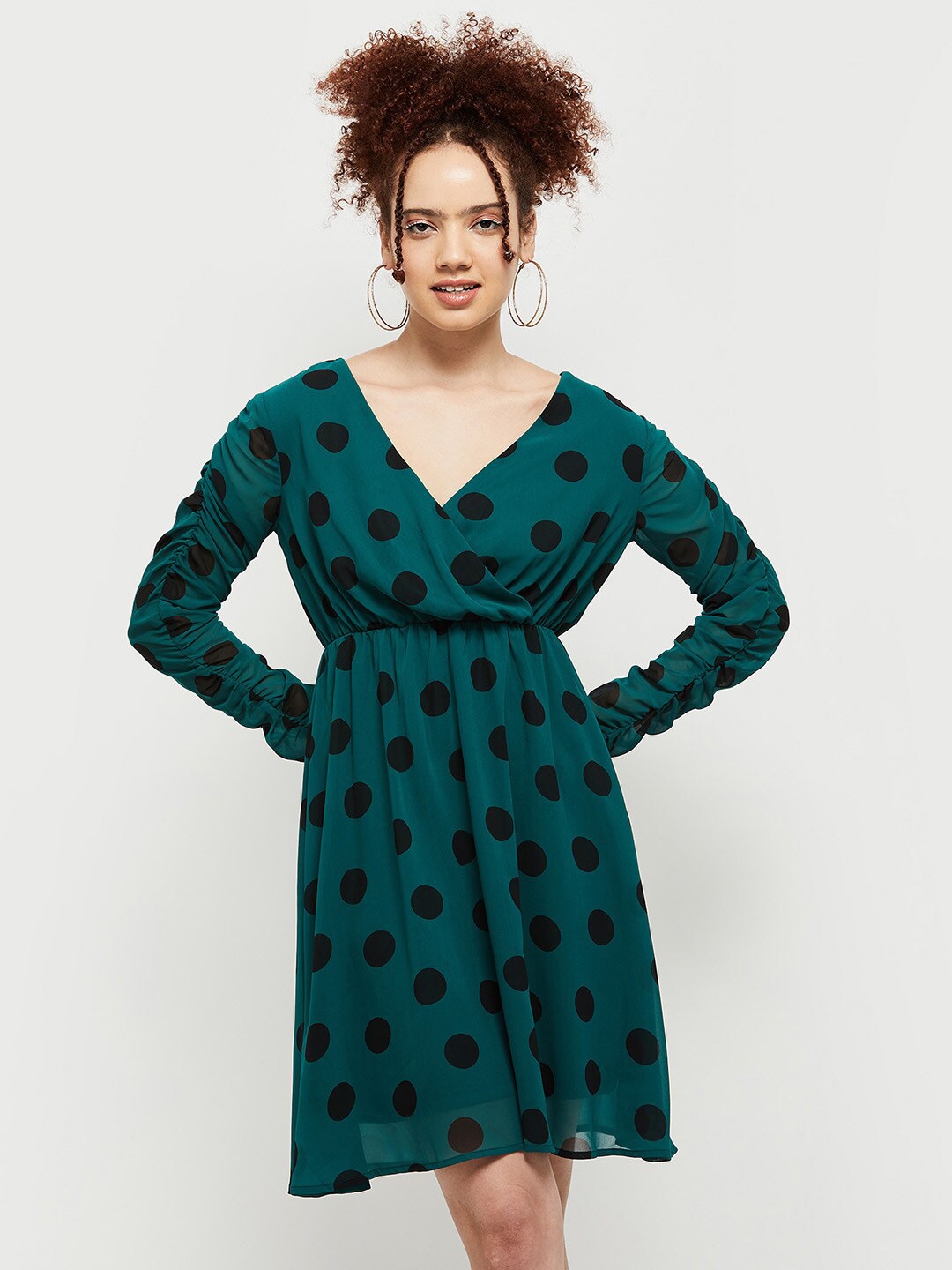 

max Women Polka Dots Printed Wrap Style Fit & Flare Above Knee Dress, Green