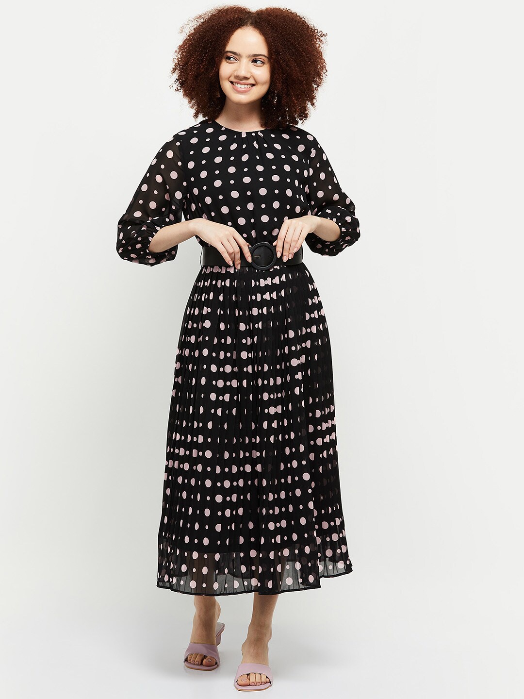 

max Women Polka Dot Printed Midi Dress, Black