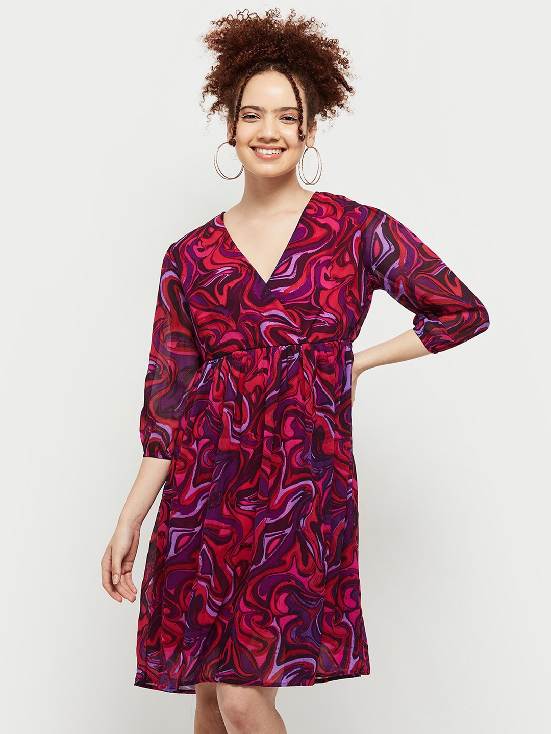 

max Women Abstract Printed Wrap Knee Length Dress, Fuchsia