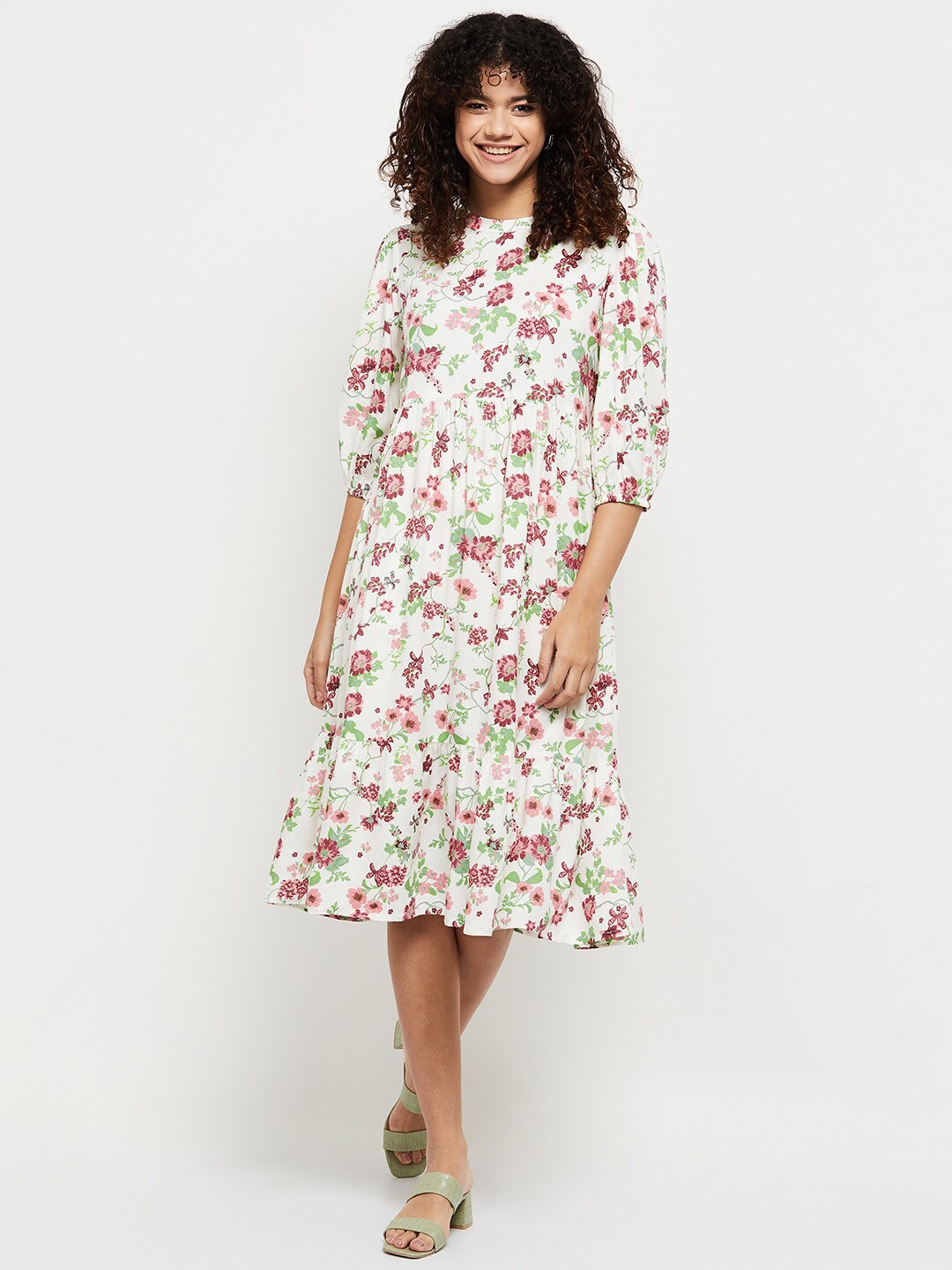 

Max Women Floral Printed Fit and Flare Dress, Cream