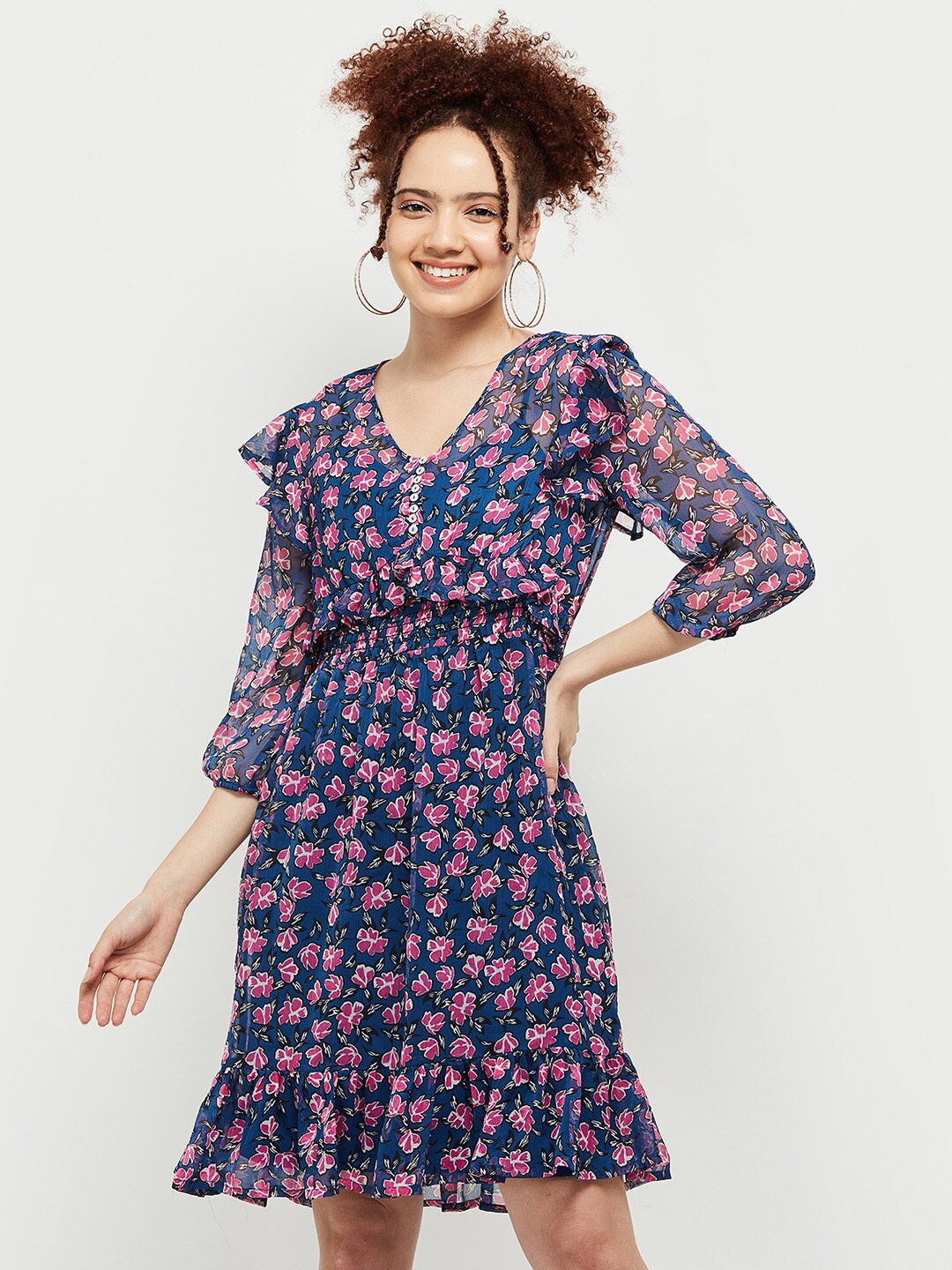 

Max Women Floral Printed A-Line Dress with Slip, Blue
