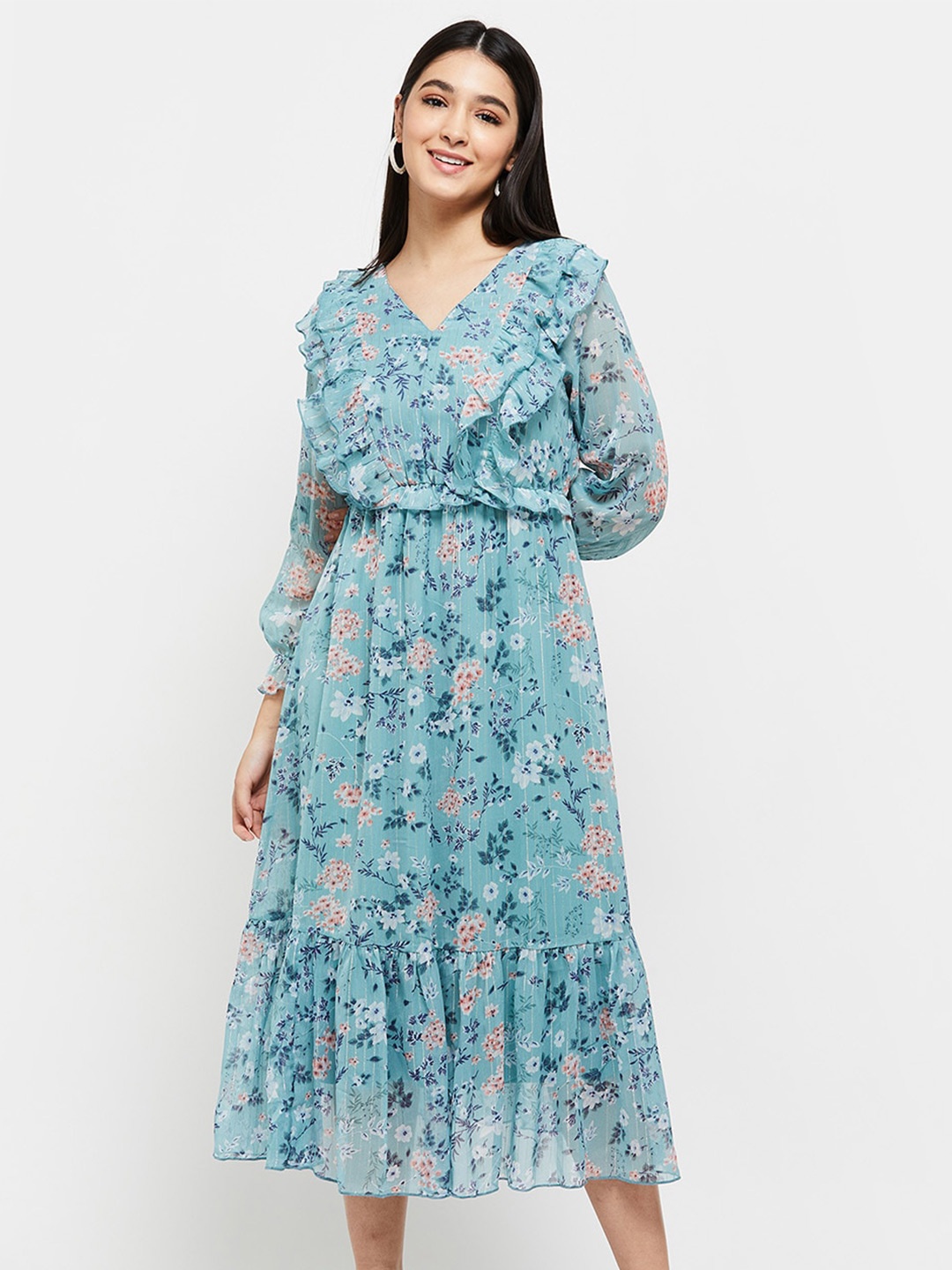 

Max Women Floral Printed Fit and Flare Midi Dress, Blue
