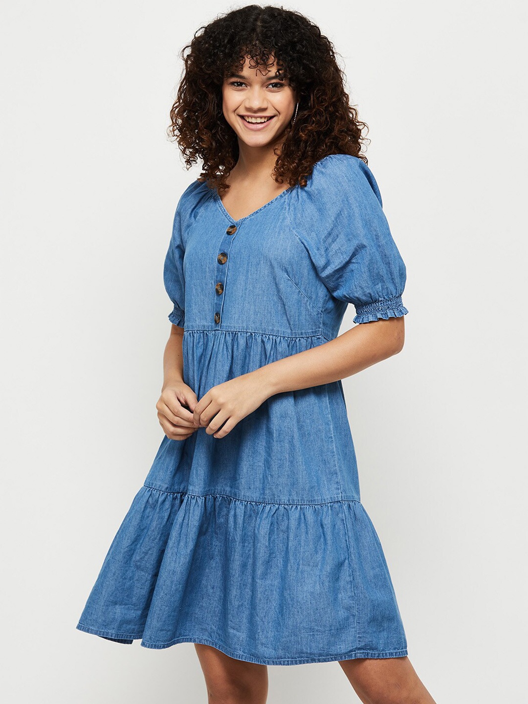 

Max Women Cotton Puff Sleeves A-Line Dress, Blue