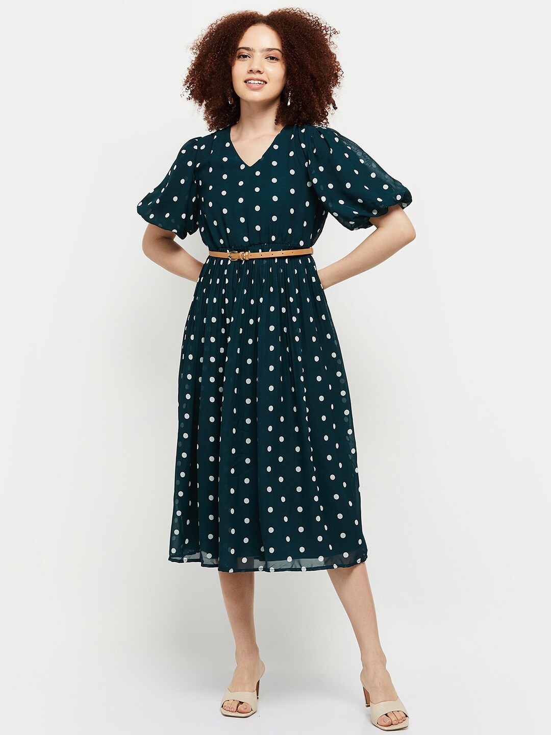 

max Women Polka Dots Printed Fit and Flare Midi Dress, Green