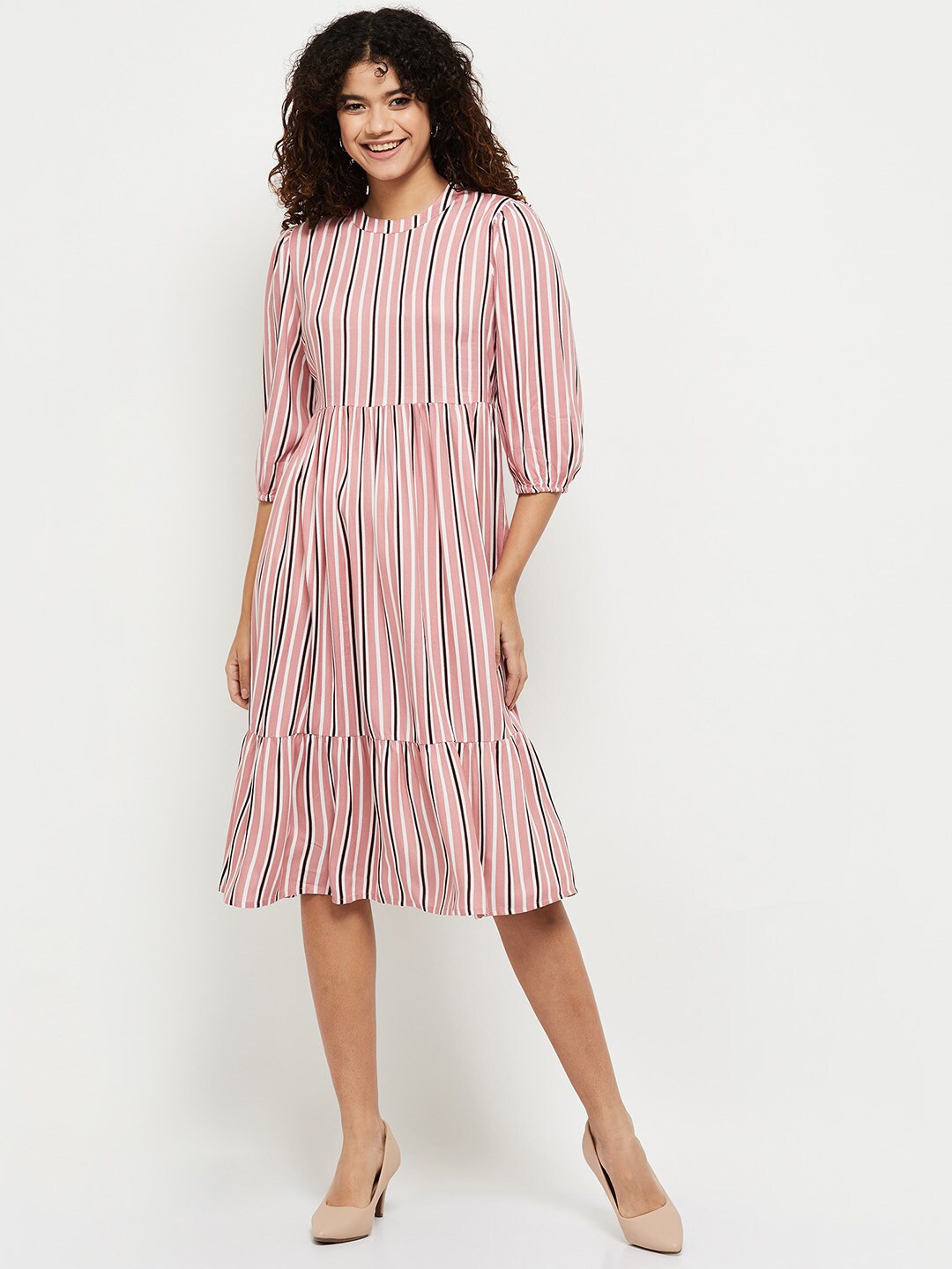 

max Women Striped Puff Sleeved A-Line Dress, Pink