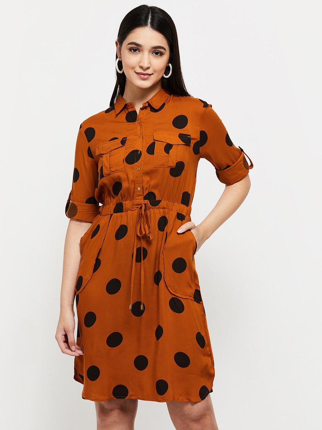 

Max Women Polka Dots Printed Rayon Shirt Dress, Brown