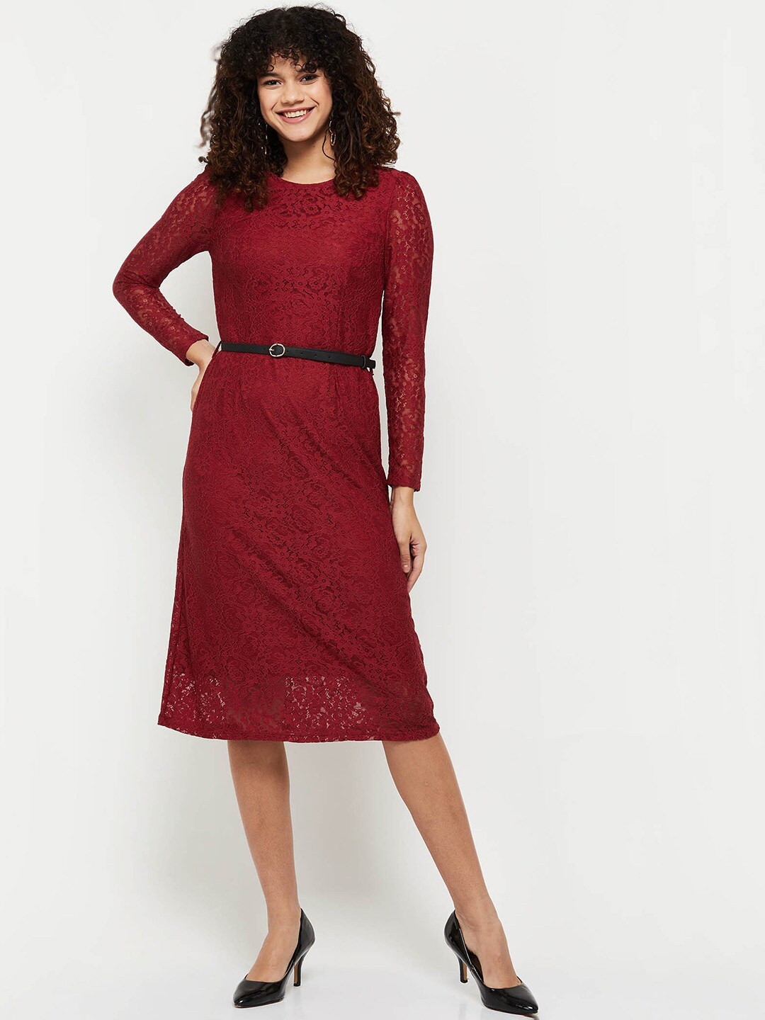 

Max Women Lace Sheath Full Sleeves Dress, Maroon