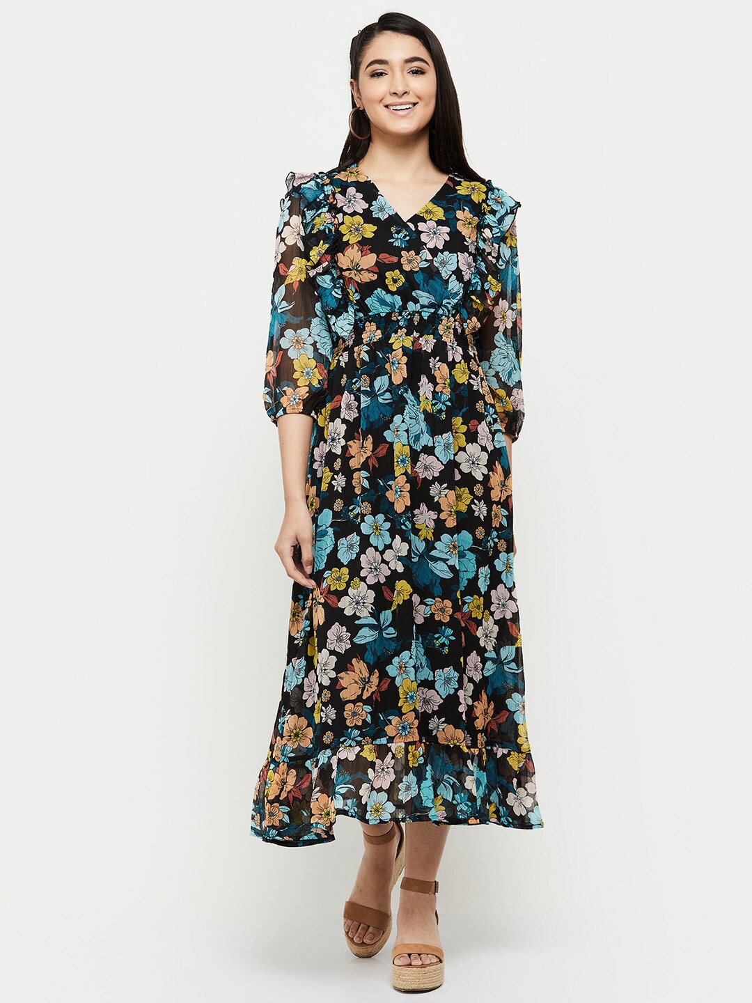 

Max Women Floral Printed A-Line Midi Dress, Black