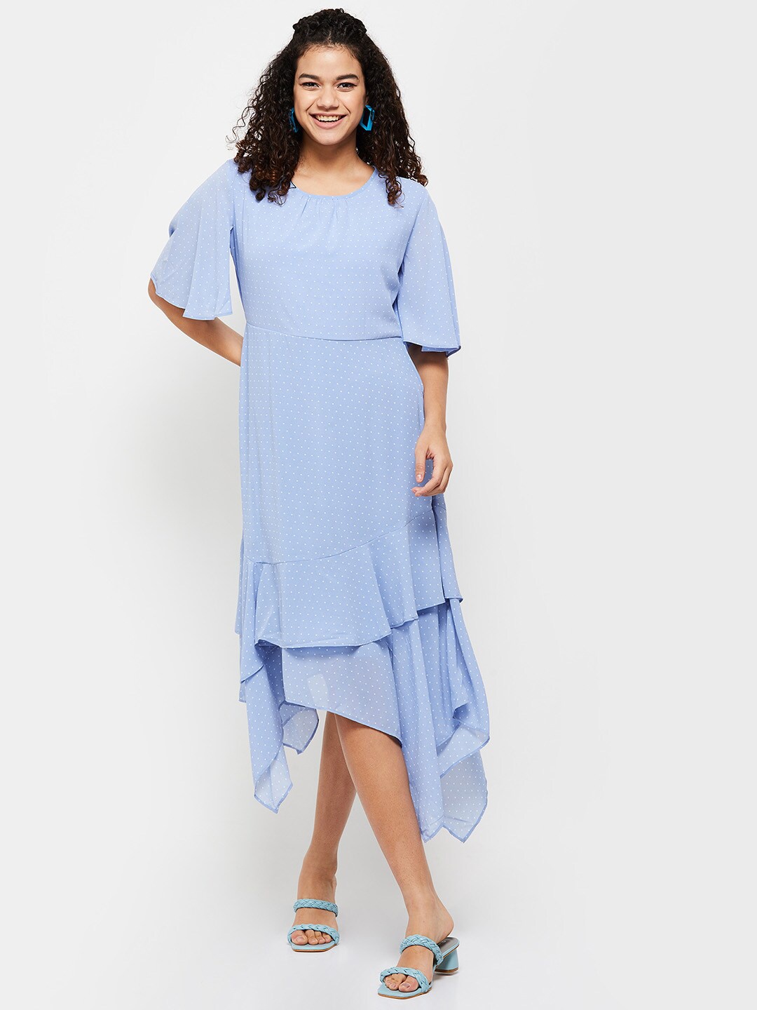 

Max Women Asymmetrical Polka Dots Printed A-Line Midi Dress, Blue