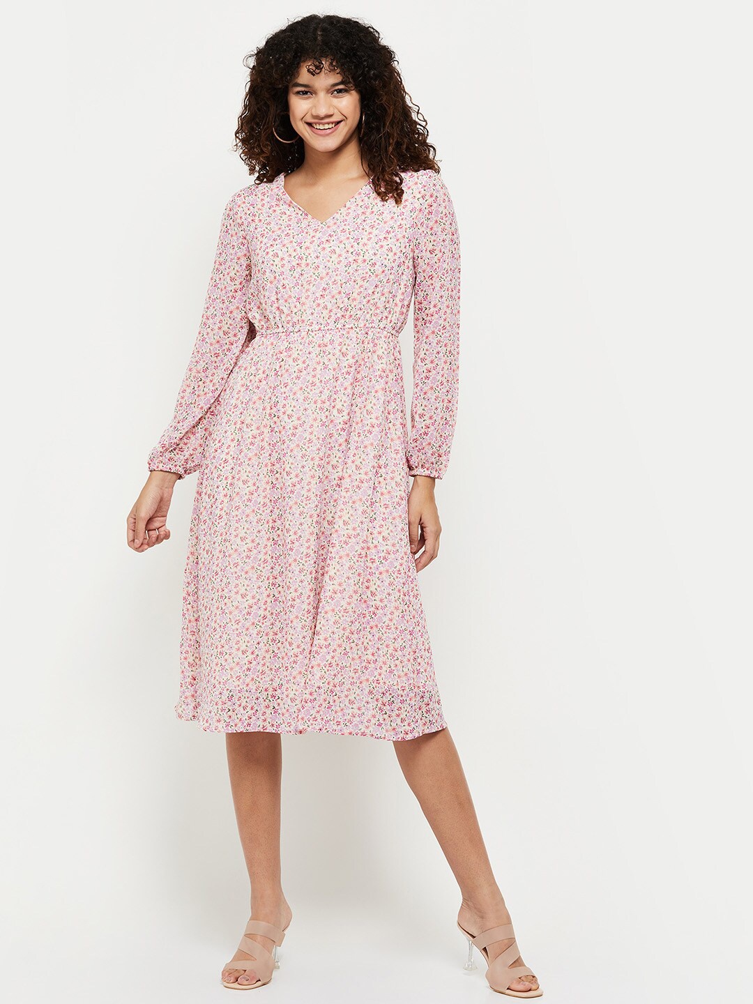 

Max Women Floral Printed Long Puff Sleeves Fit and Flare Dress, Cream