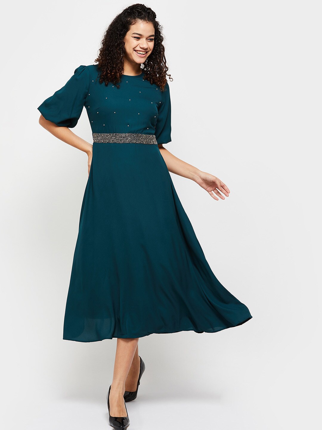 

Max Women Solid Embellished A-Line Midi Dress, Green
