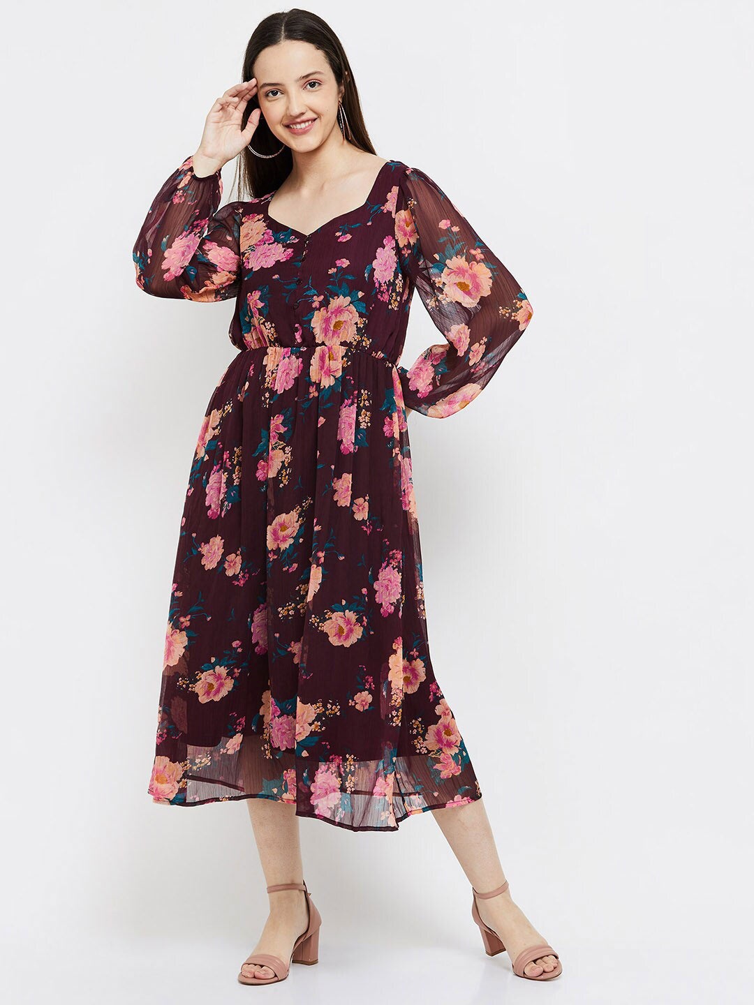 

max Women Floral Midi Dress, Maroon