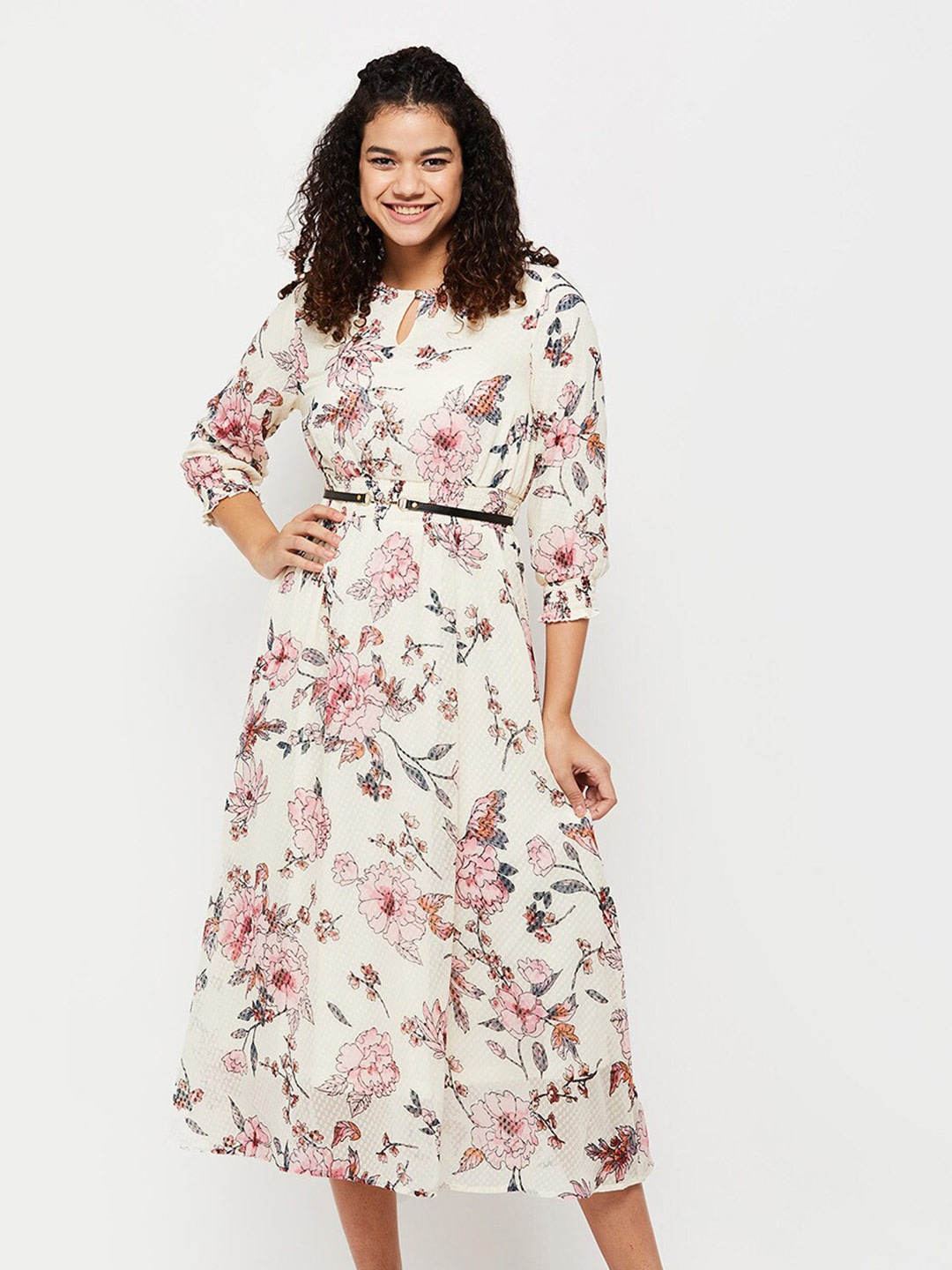 

max Women Floral Midi Dress, Cream