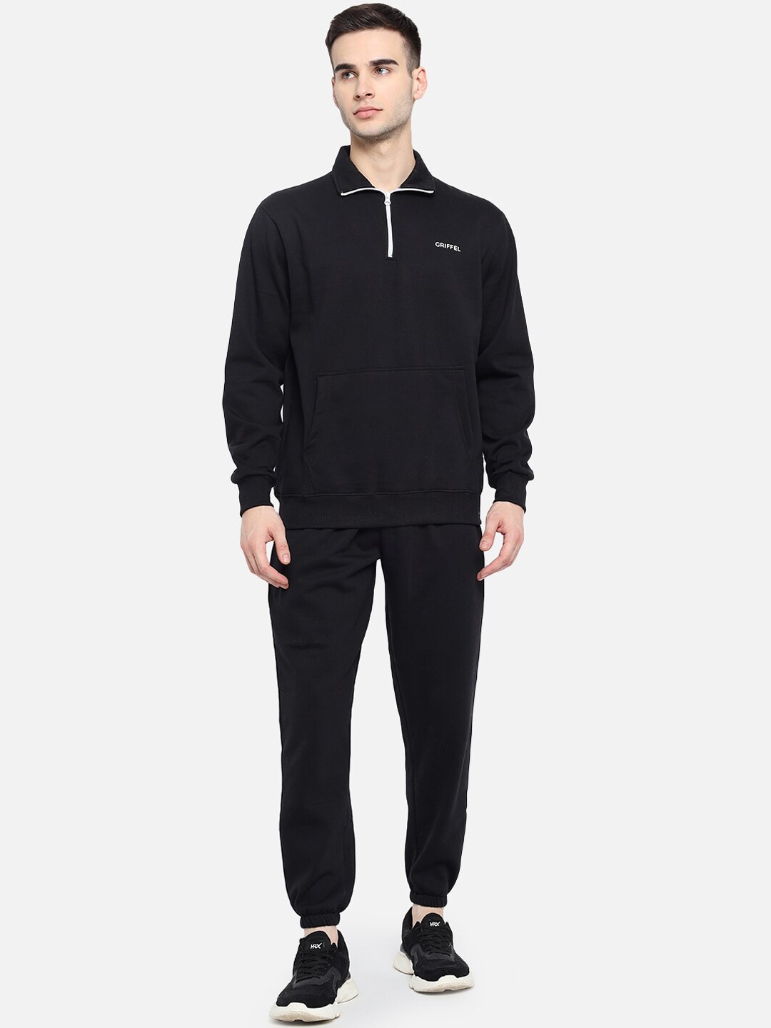 

GRIFFEL Men Solid Cotton Mock Collar Tracksuit, Black