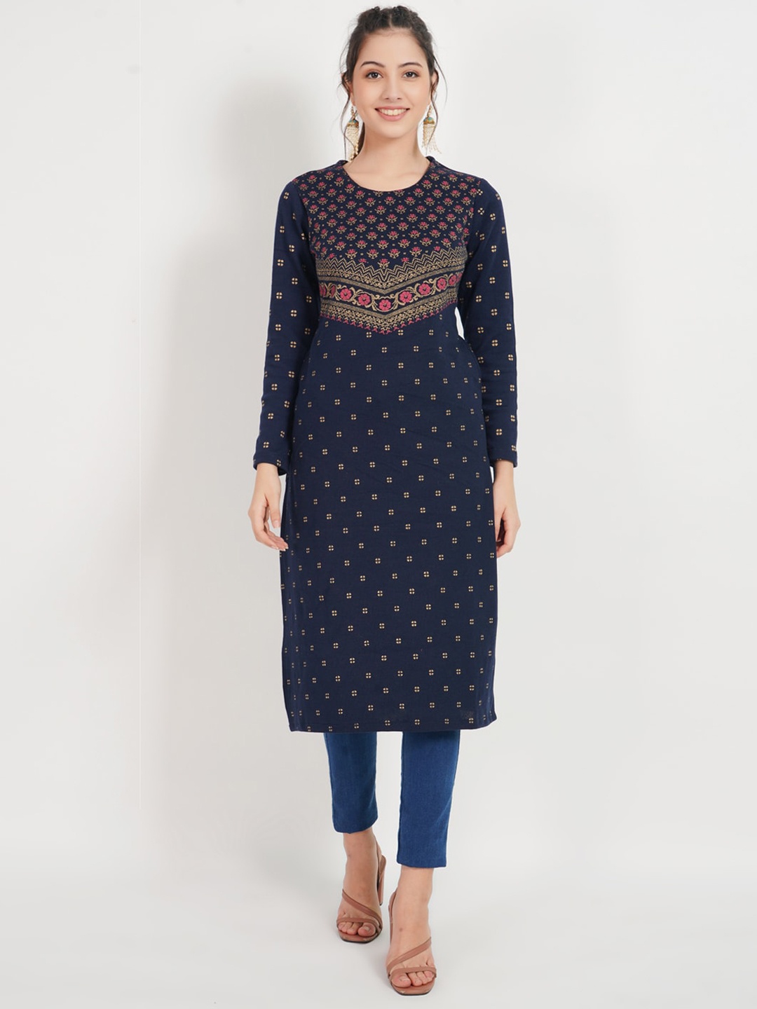 

SHEREEN Women Ethnic Printed Straight Woolen Kurta, Navy blue