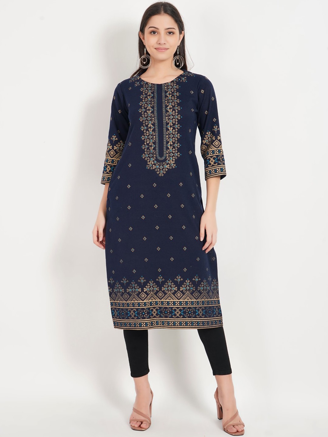 

SHEREEN Women Ethnic Printed Straight Woolen Kurta, Navy blue