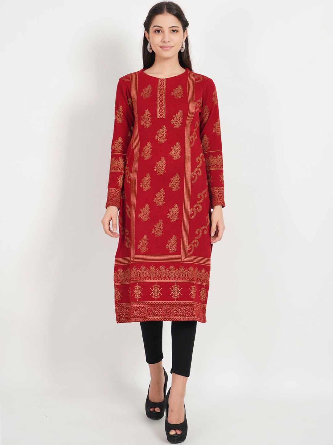 

SHEREEN Women Ethnic Printed Straight Woolen Kurta, Maroon