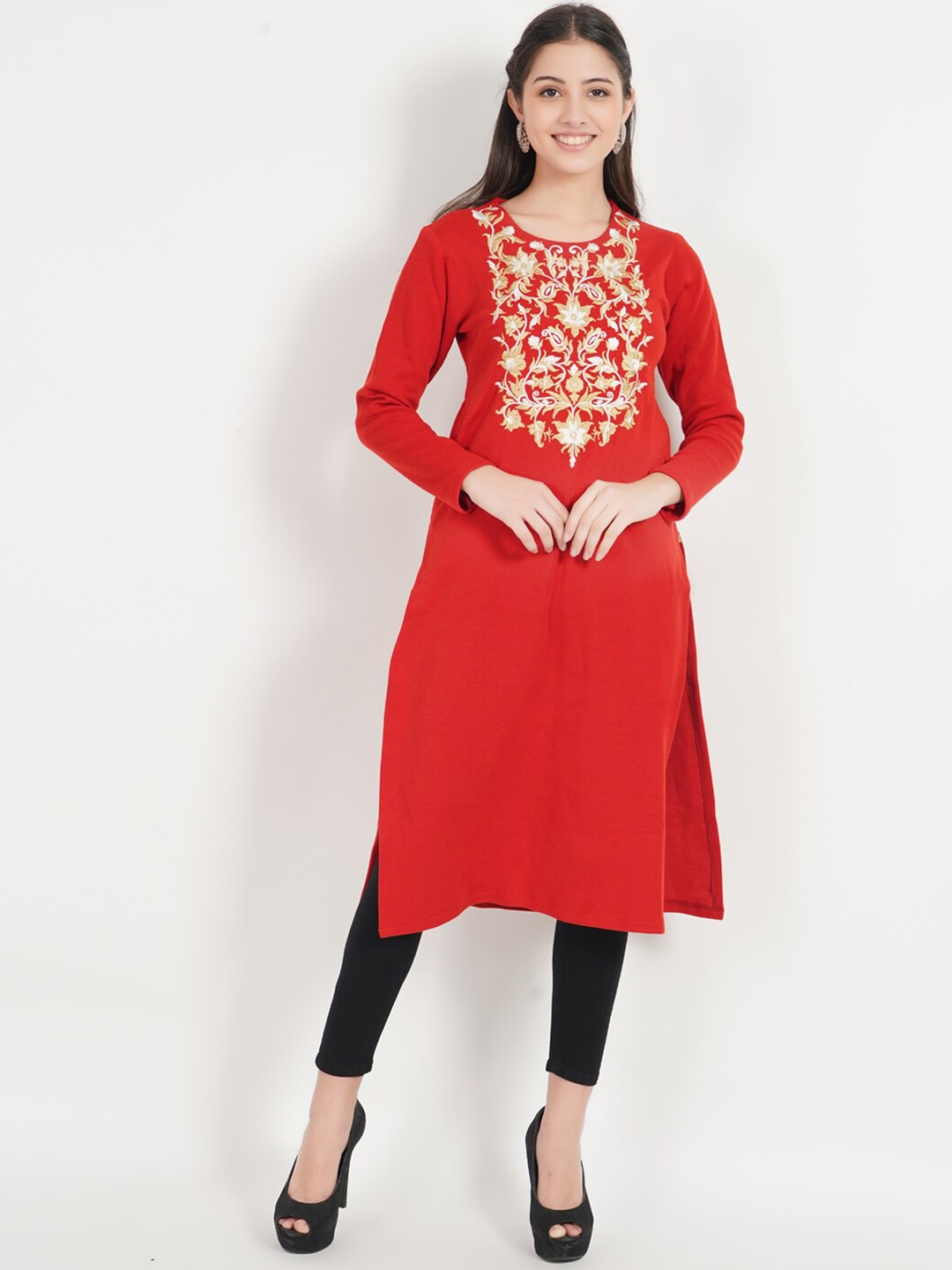 

SHEREEN Women Floral Ethnic Embroidered Straight Woolen Kurta, Red