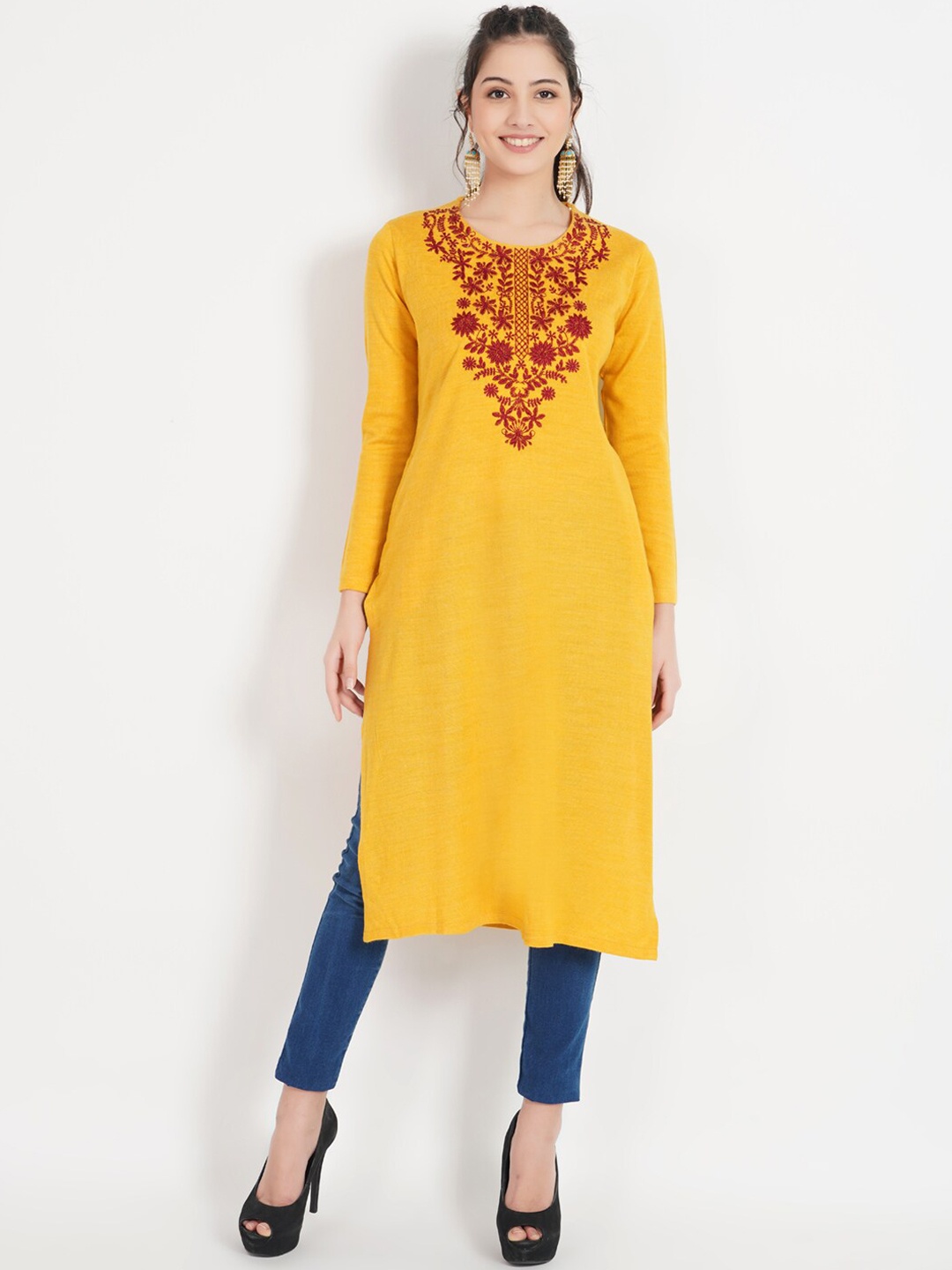 

SHEREEN Women Ethnic Embroidered Straight Woolen Kurta, Mustard