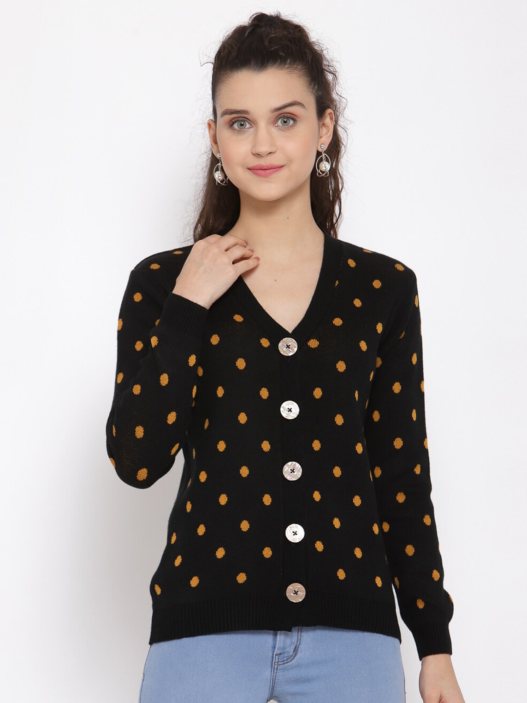 

Kalt Women Black & Mustard Printed Cardigan