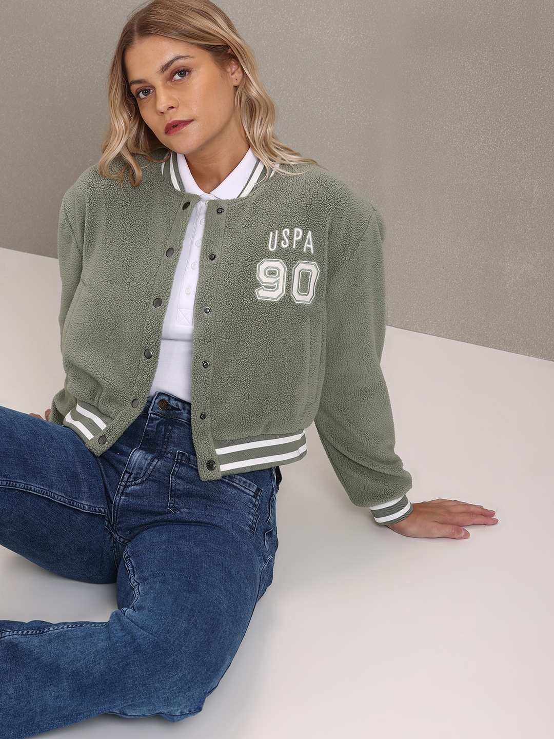 

U S Polo Assn Women Typography Crop Varsity Jacket, Green
